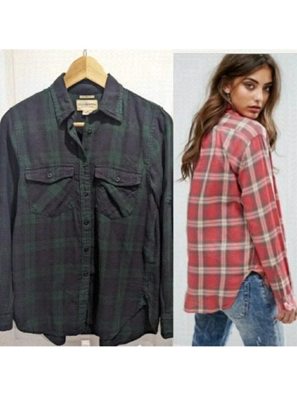 RL Denim & Supply | Brushed Cotton Flannel Button Down Shirt in Blue/Green Plaid